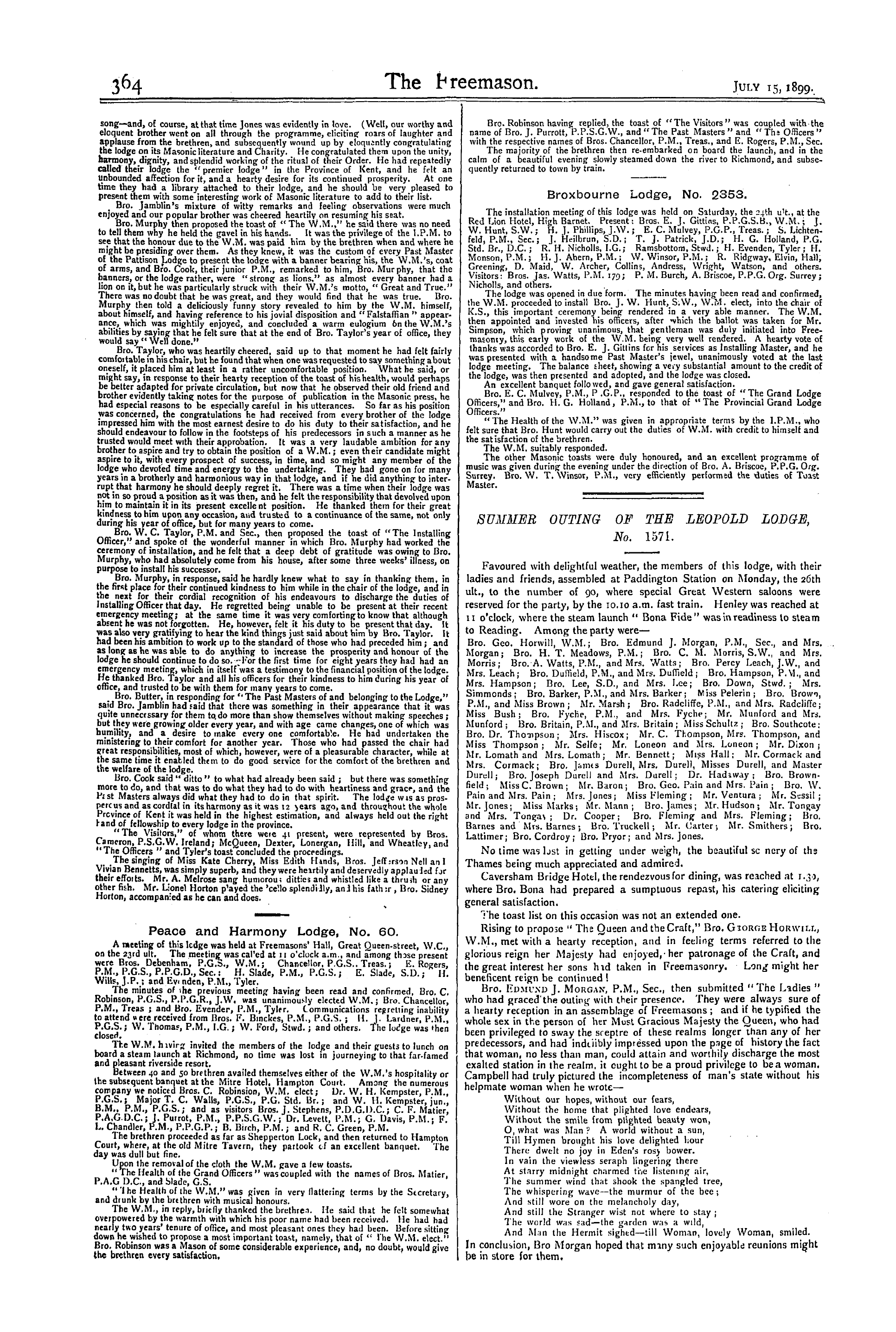 The Freemason: 1899-07-15 - Summer Outing Of The Leopold Lodge, No. 1571.