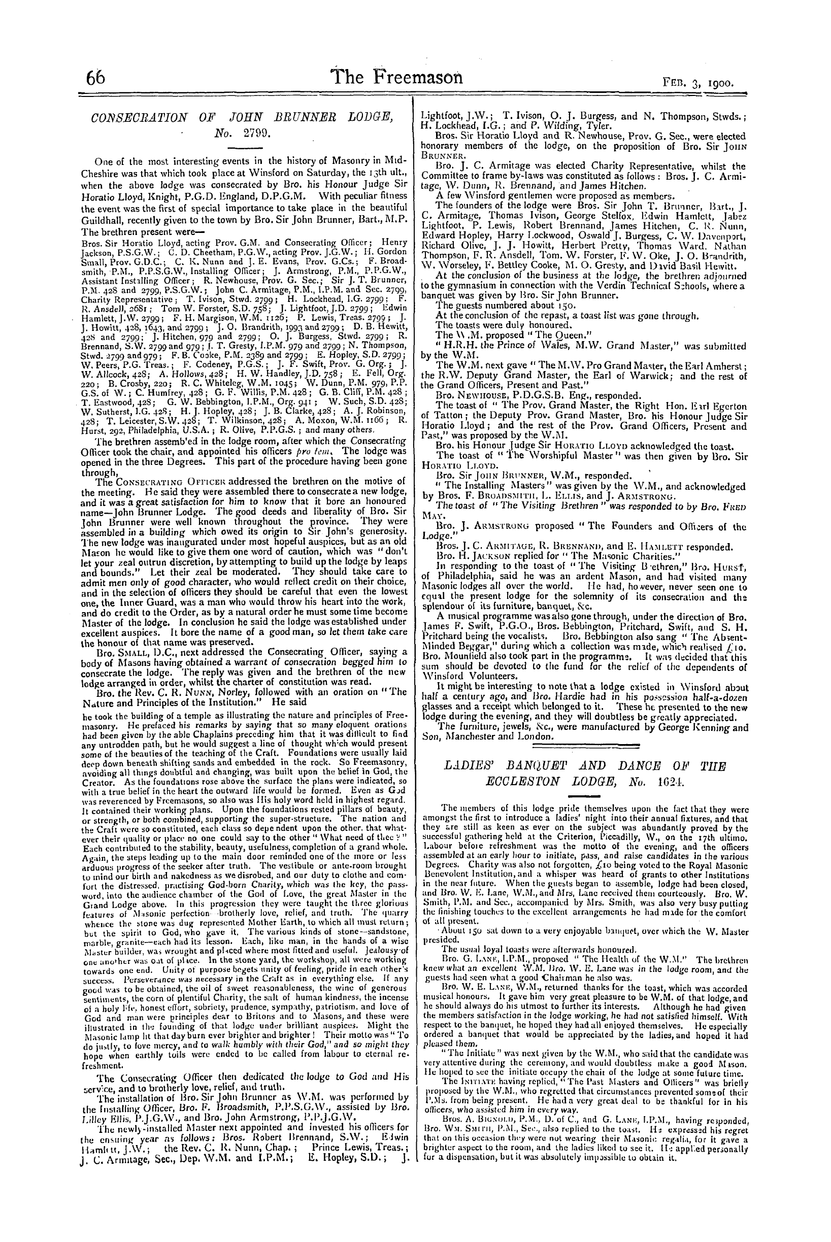 The Freemason: 1900-02-03 - Consecration Of John Brunner Lodge, No. 2799.