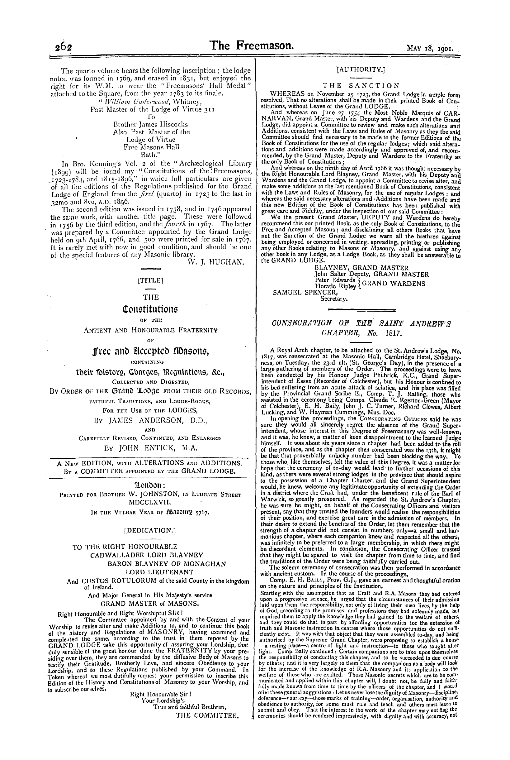 The Freemason: 1901-05-18 - The "Constitutions" Of 1767.