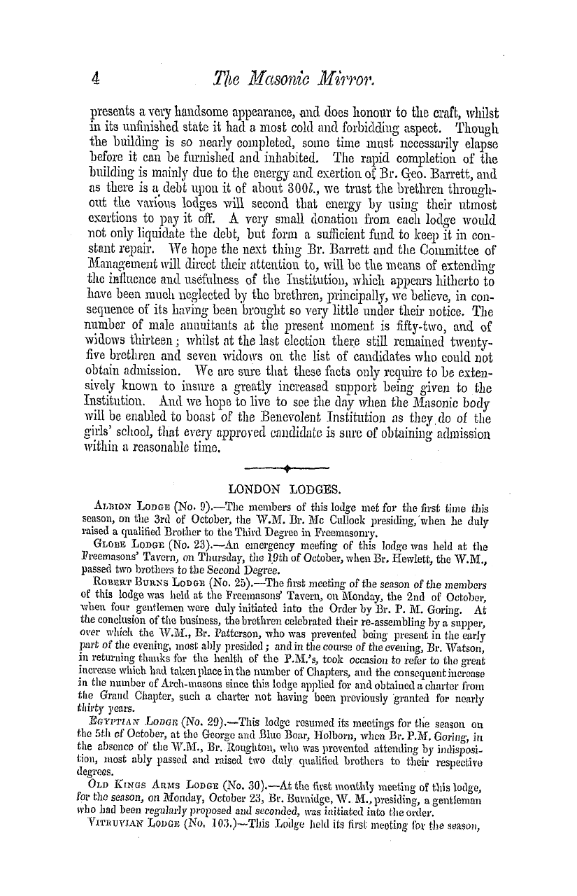 The Masonic Mirror: 1854-11-01 - London Lodges.