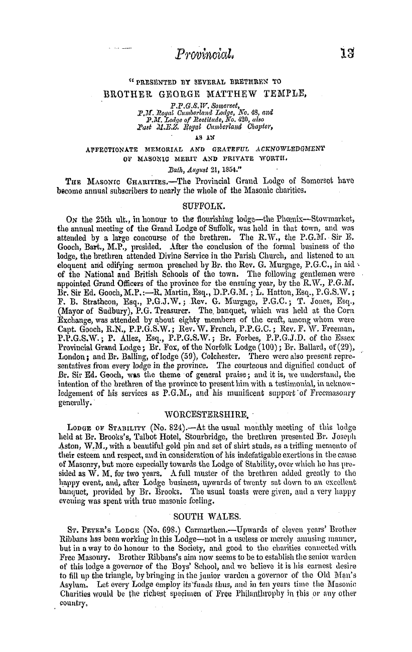 The Masonic Mirror: 1854-11-01 - Provincial Lodges.