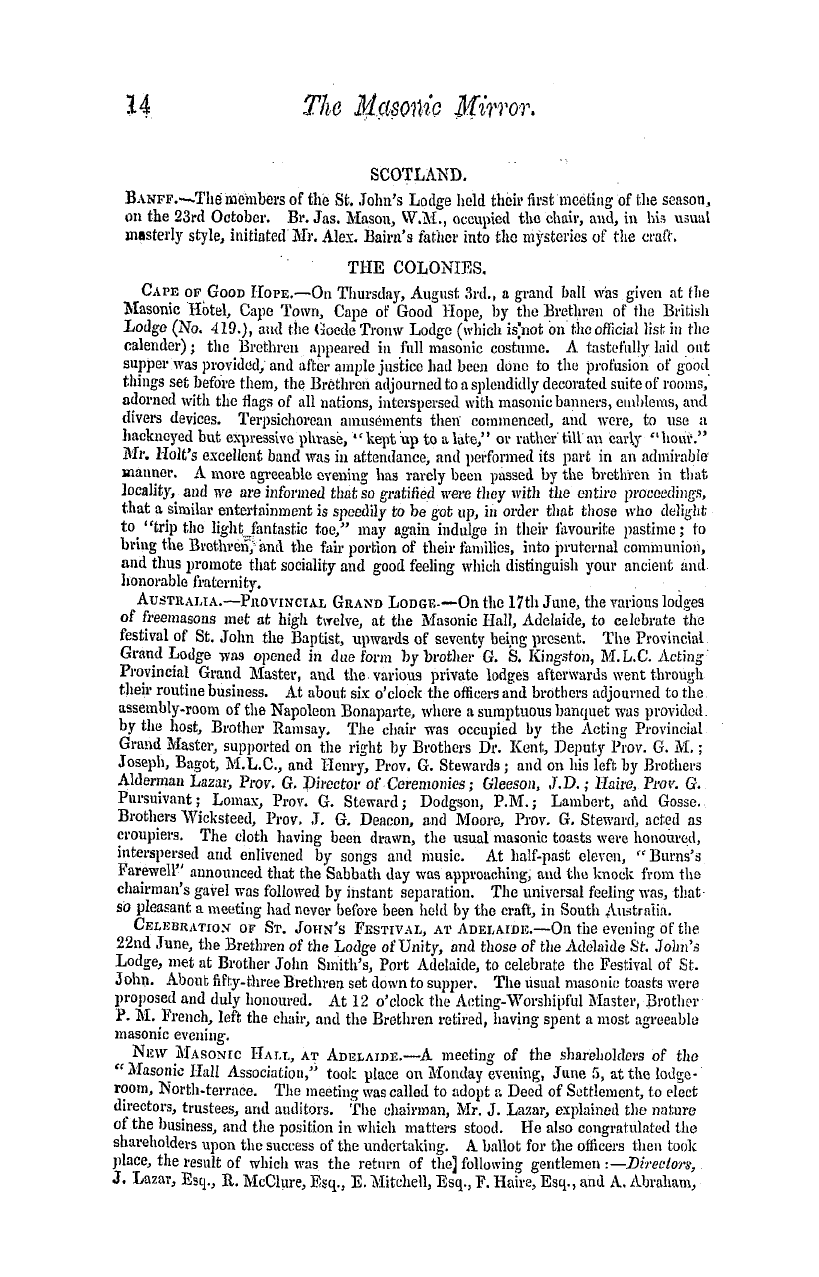 The Masonic Mirror: 1854-11-01 - Provincial Lodges.