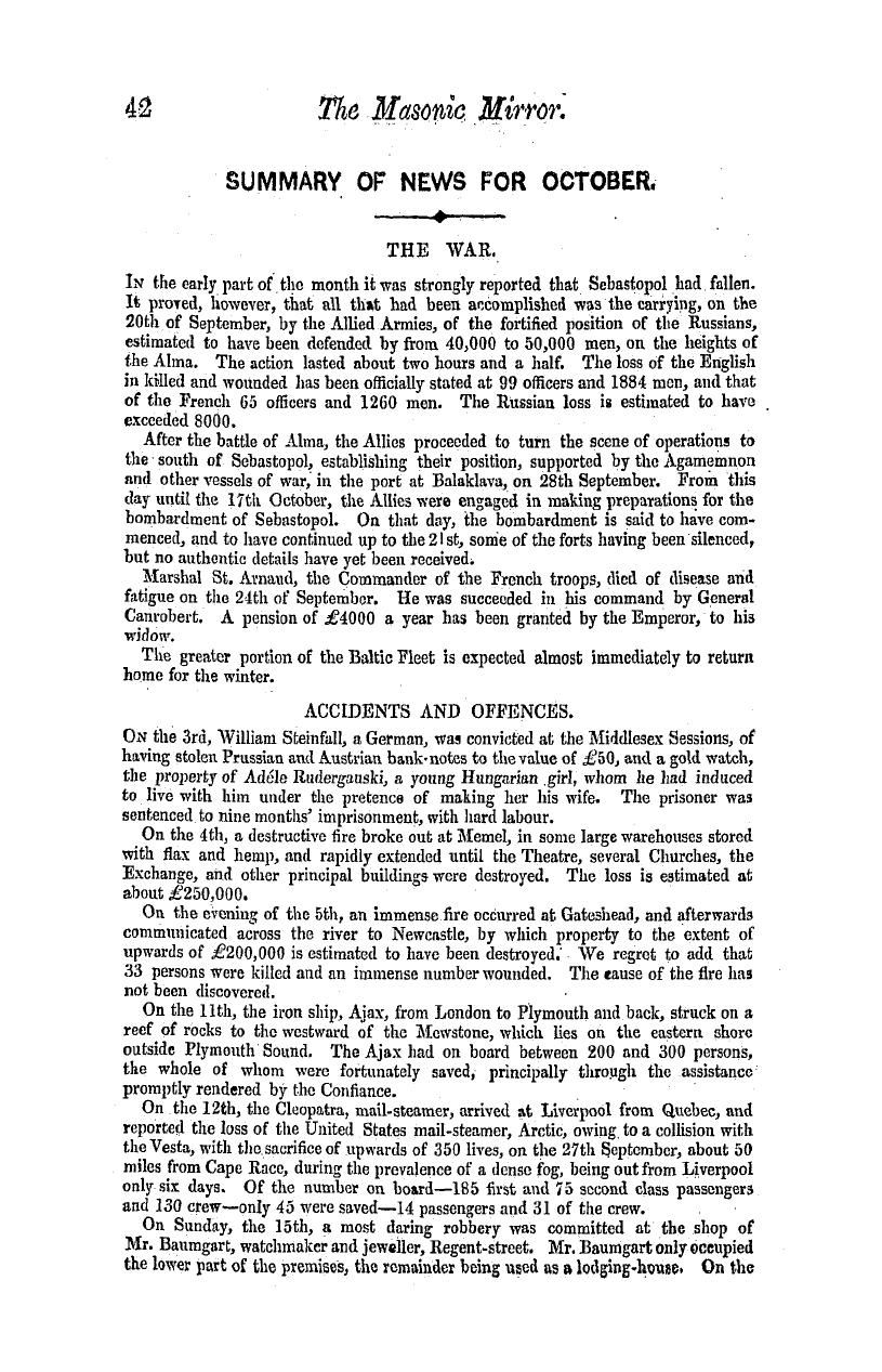 The Masonic Mirror: 1854-11-01 - Summary Of News For October.