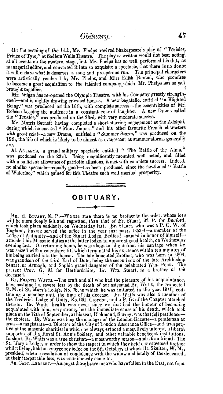 The Masonic Mirror: 1854-11-01 - Summary Of News For October.