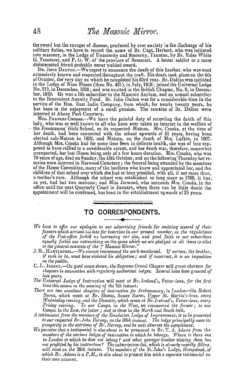 The Masonic Mirror: 1854-11-01 - To Correspondents.