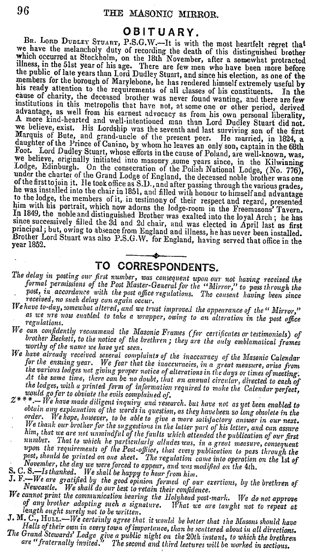 The Masonic Mirror: 1854-12-01 - To Correspondents.