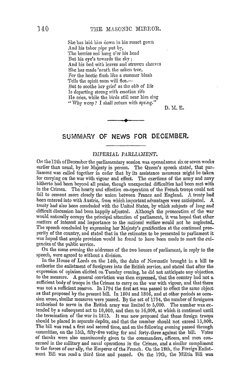 The Masonic Mirror: 1855-01-01 - Summary Of News For December.