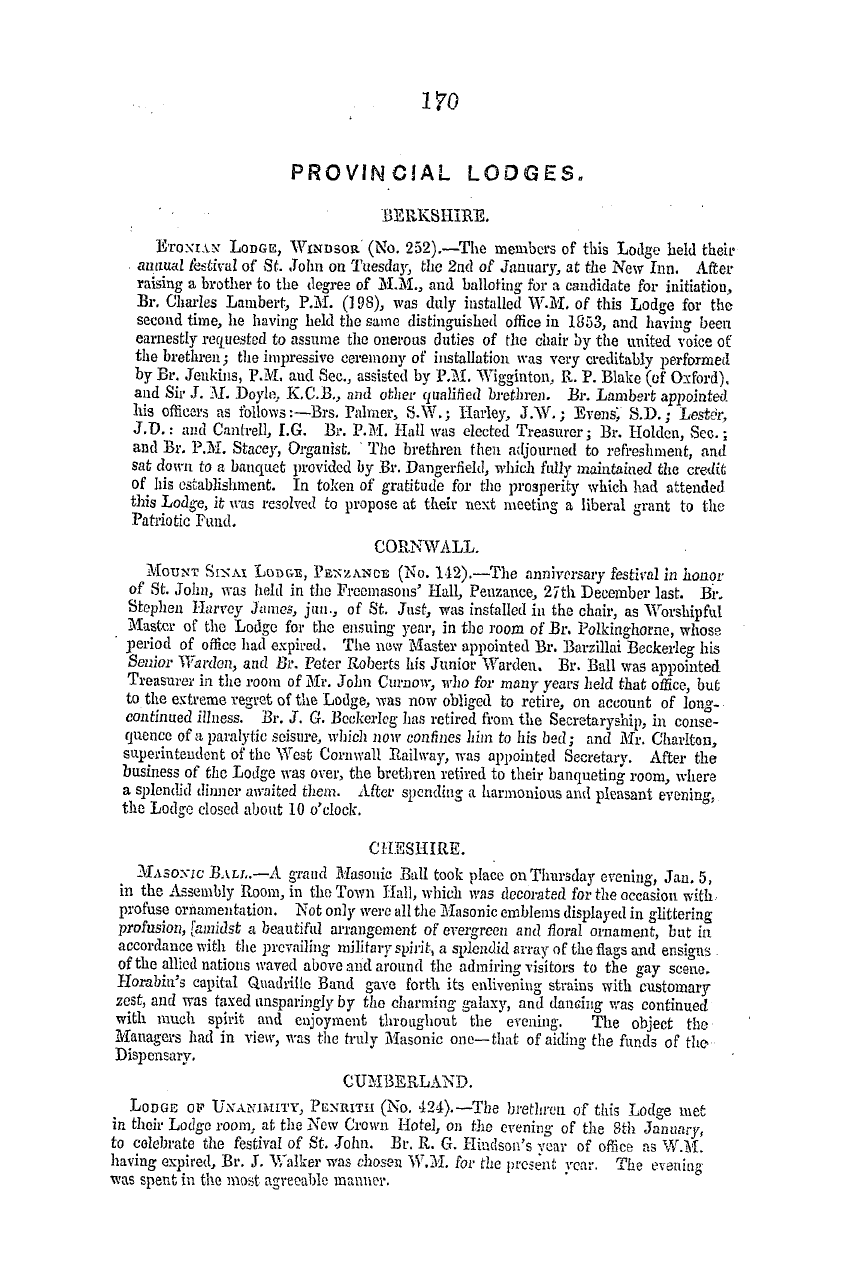 The Masonic Mirror: 1855-02-01 - Provincial Lodges.