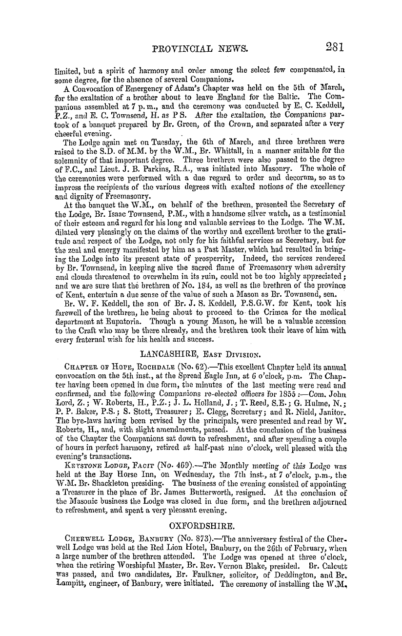 The Masonic Mirror: 1855-04-01 - Provincial Lodges.