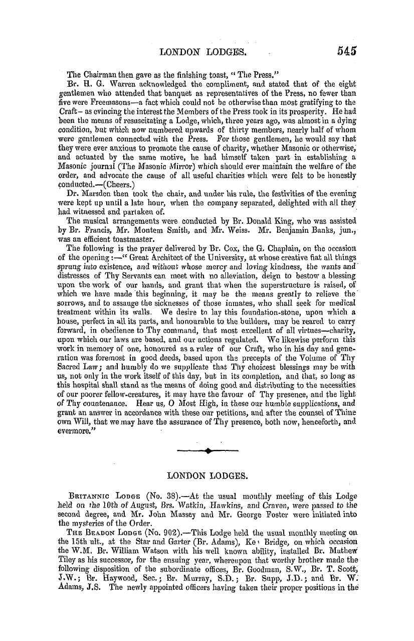 The Masonic Mirror: 1855-09-01 - London Lodges