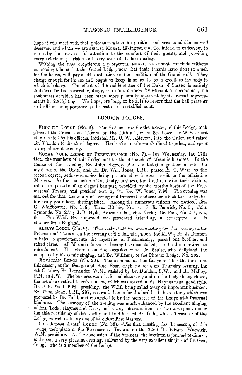 The Masonic Mirror: 1855-11-01 - Masonic Intelligence.