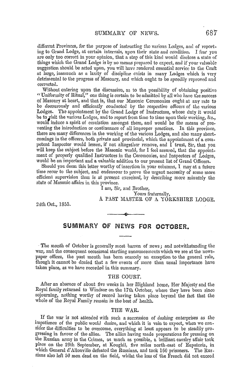 The Masonic Mirror: 1855-11-01 - Summary Of News For October.