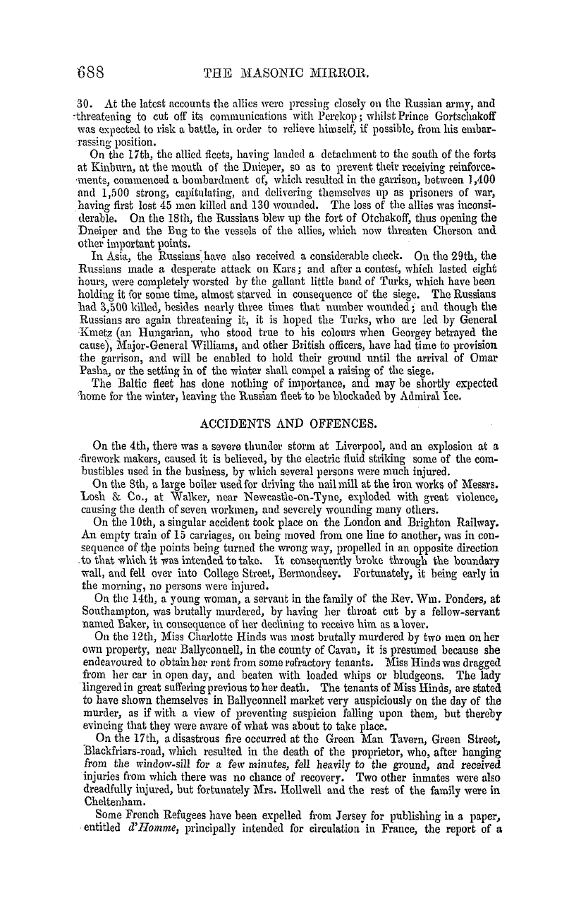 The Masonic Mirror: 1855-11-01 - Summary Of News For October.