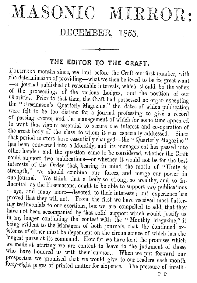 The Masonic Mirror: 1855-12-01 - The Editor To The Craft.