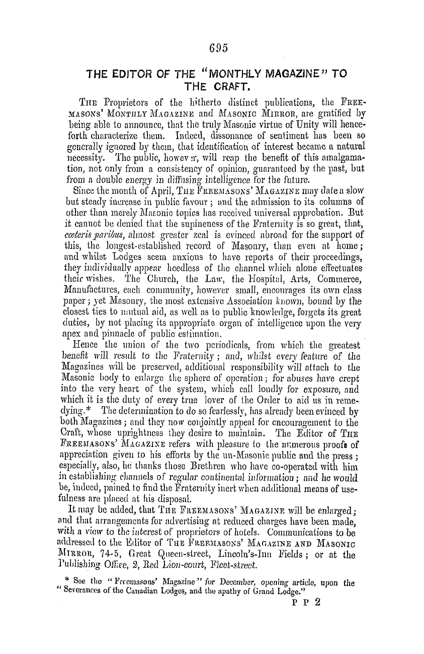 The Masonic Mirror: 1855-12-01 - The Editor Of The "Monthly Magazine" To The Craft.