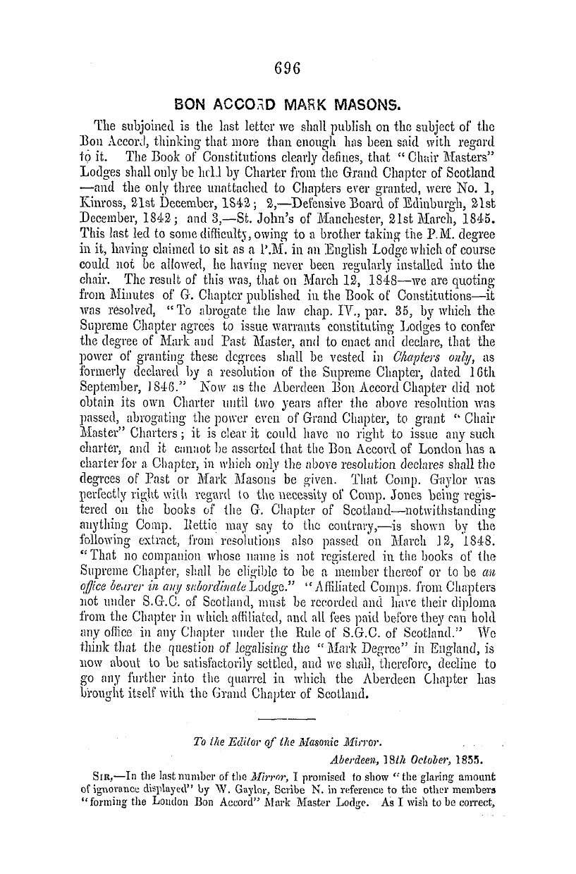 The Masonic Mirror: 1855-12-01 - Bon Accord Mark Masons.