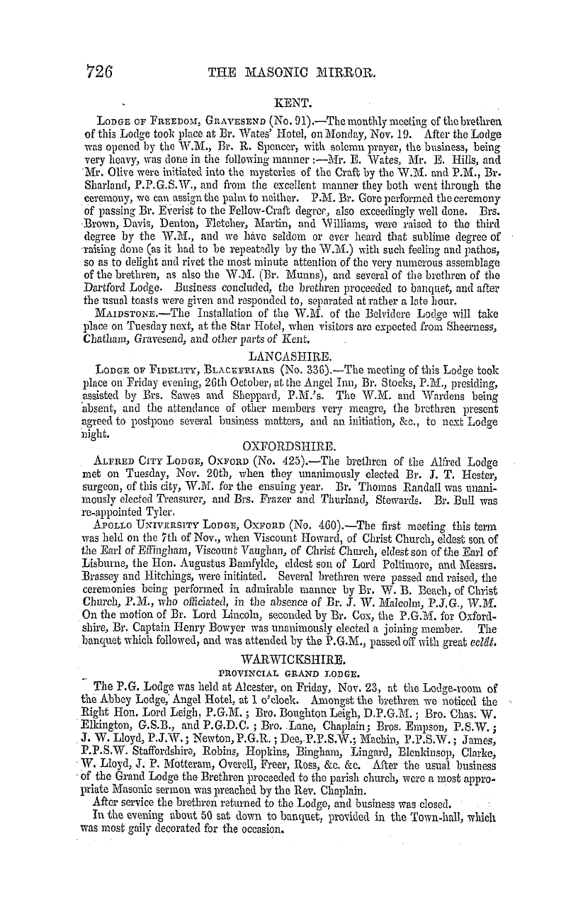 The Masonic Mirror: 1855-12-01 - Provincial Lodges.