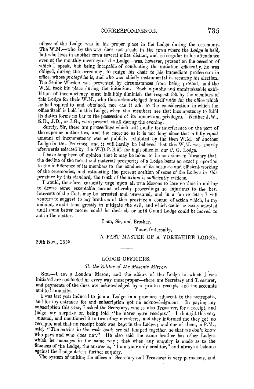 The Masonic Mirror: 1855-12-01 - Correspondence.