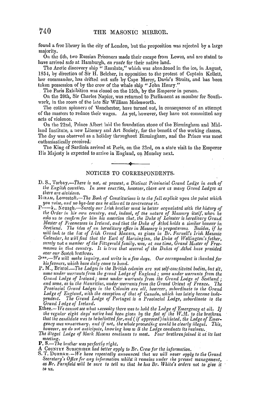 The Masonic Mirror: 1855-12-01 - Summary Of News For November.