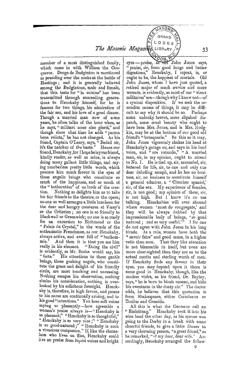 The Masonic Magazine: 1875-07-01 - Henckaby Budginton's Little Dinner.