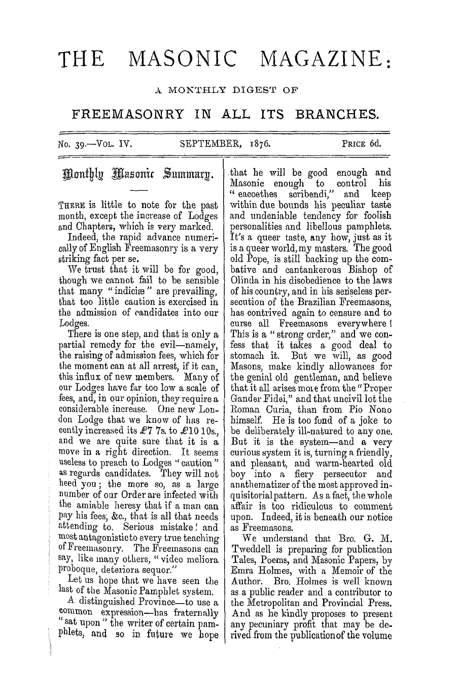 The Masonic Magazine: 1876-09-01 - Monthly Masonic Summary.