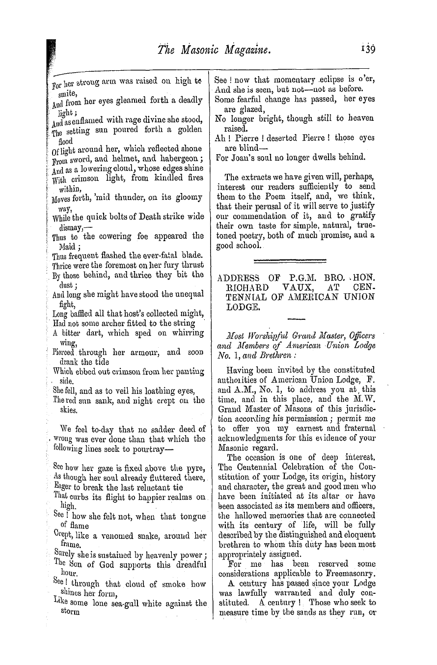 The Masonic Magazine: 1876-09-01 - Address Of P.G.M. Bro. Hon. Richard Vaux, At Centennial Of American Union Lodge.