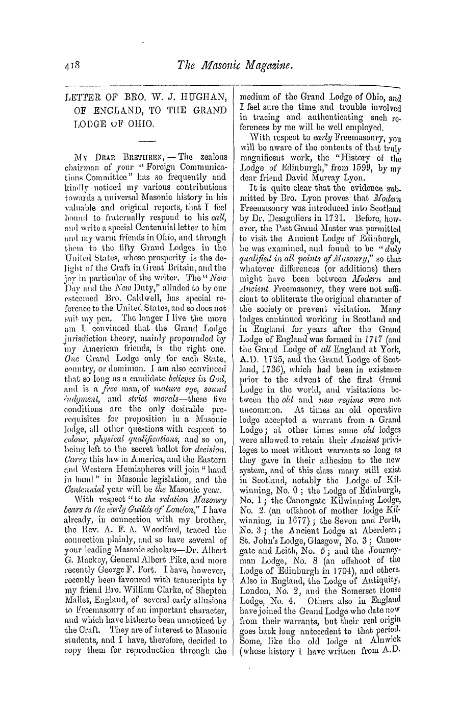 The Masonic Magazine: 1877-02-01 - Letter Of Bro. W. J. Hughan, Of England, To The Grand Lodge Uf Ohio.