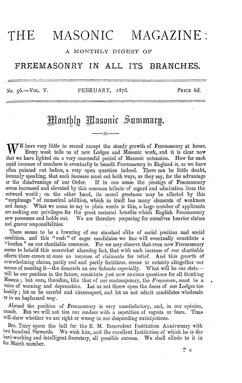 The Masonic Magazine: 1878-02-01 - Monthly Masonic Summary.