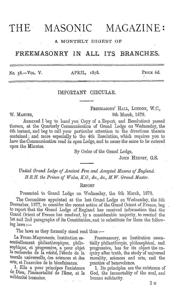 The Masonic Magazine: 1878-04-01 - Important Circular.