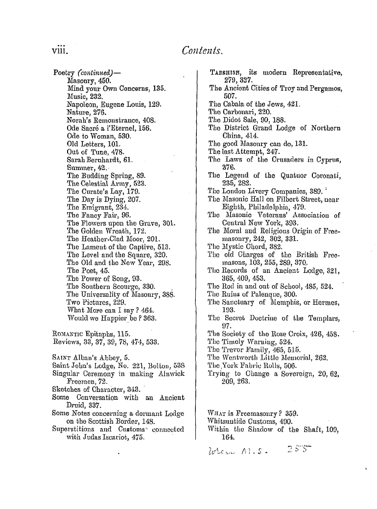 The Masonic Magazine: 1879-07-01 - Contents.