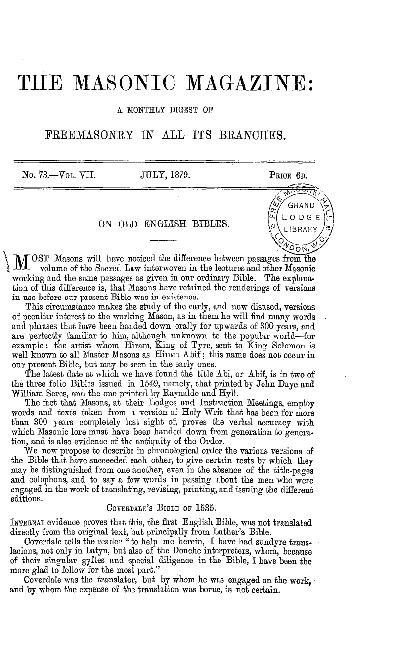 The Masonic Magazine: 1879-07-01 - On Old English Bibles.