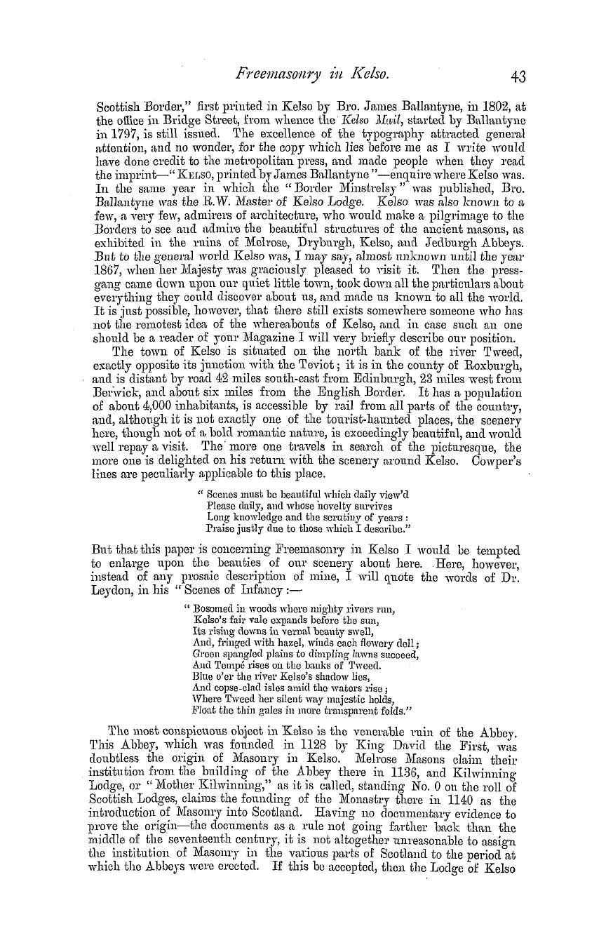 The Masonic Magazine: 1879-07-01 - Freemasonry In Kelso.