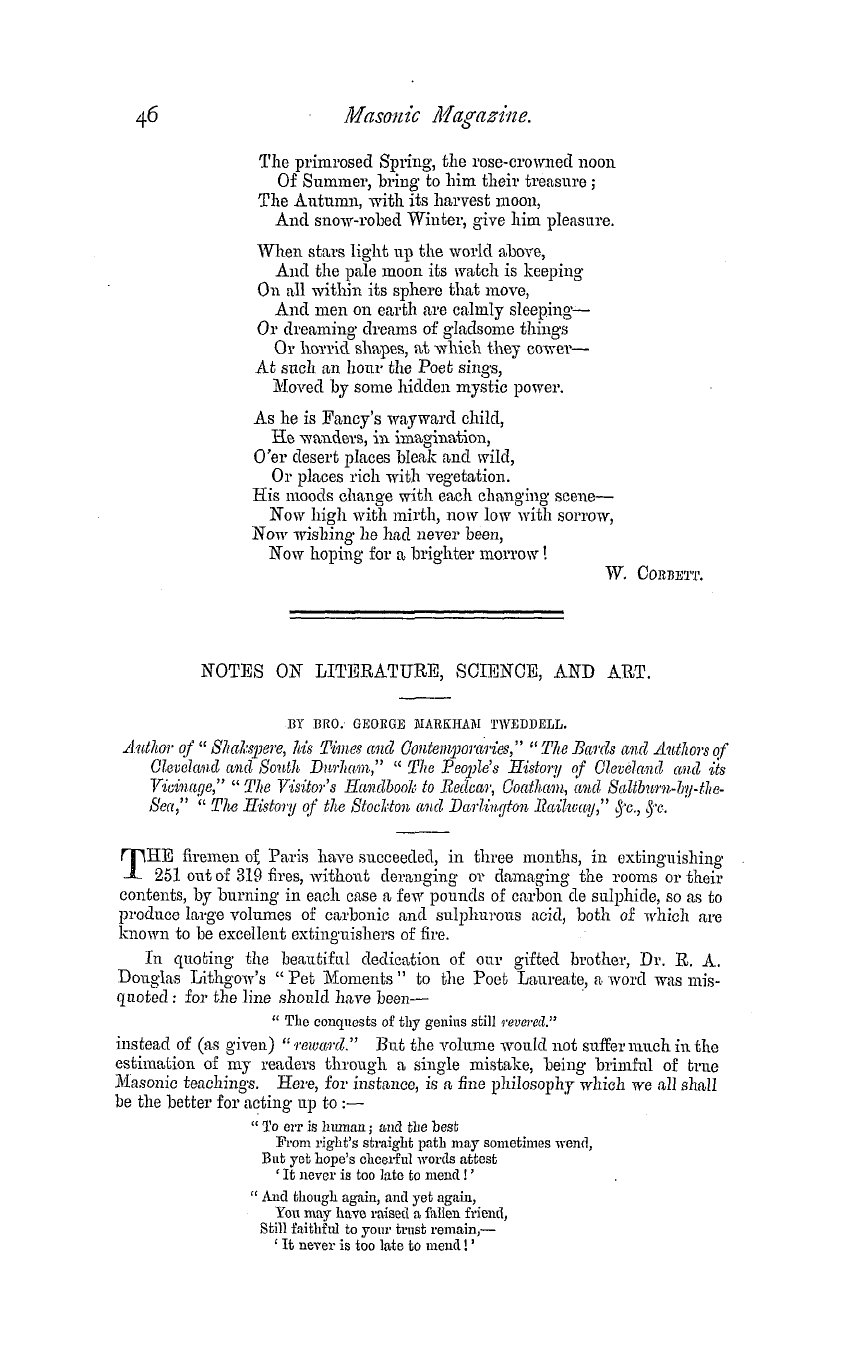 The Masonic Magazine: 1879-07-01 - Notes On Literature, Science, And Art.