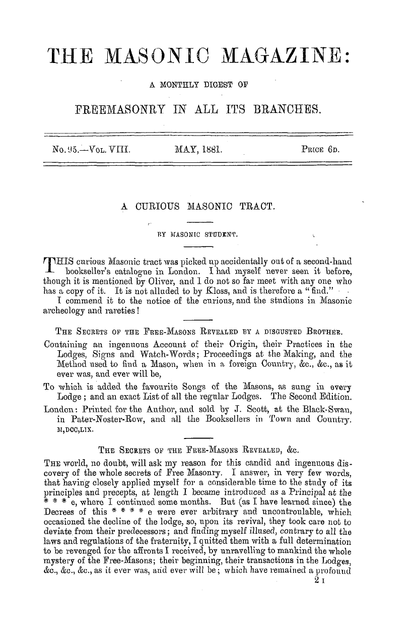 The Masonic Magazine: 1881-05-01 - A Curious Masonic Tract.