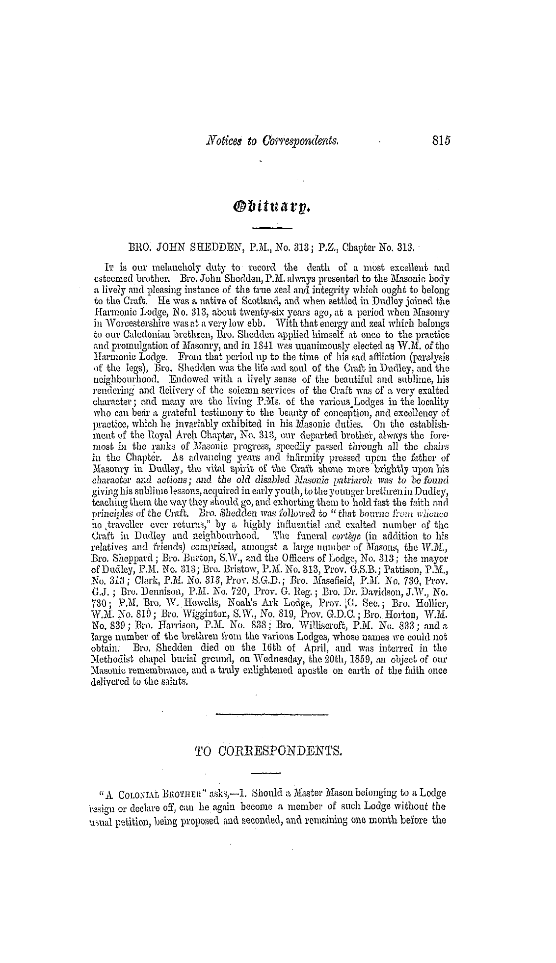 The Freemasons' Monthly Magazine: 1859-04-27 - To Correspondents.