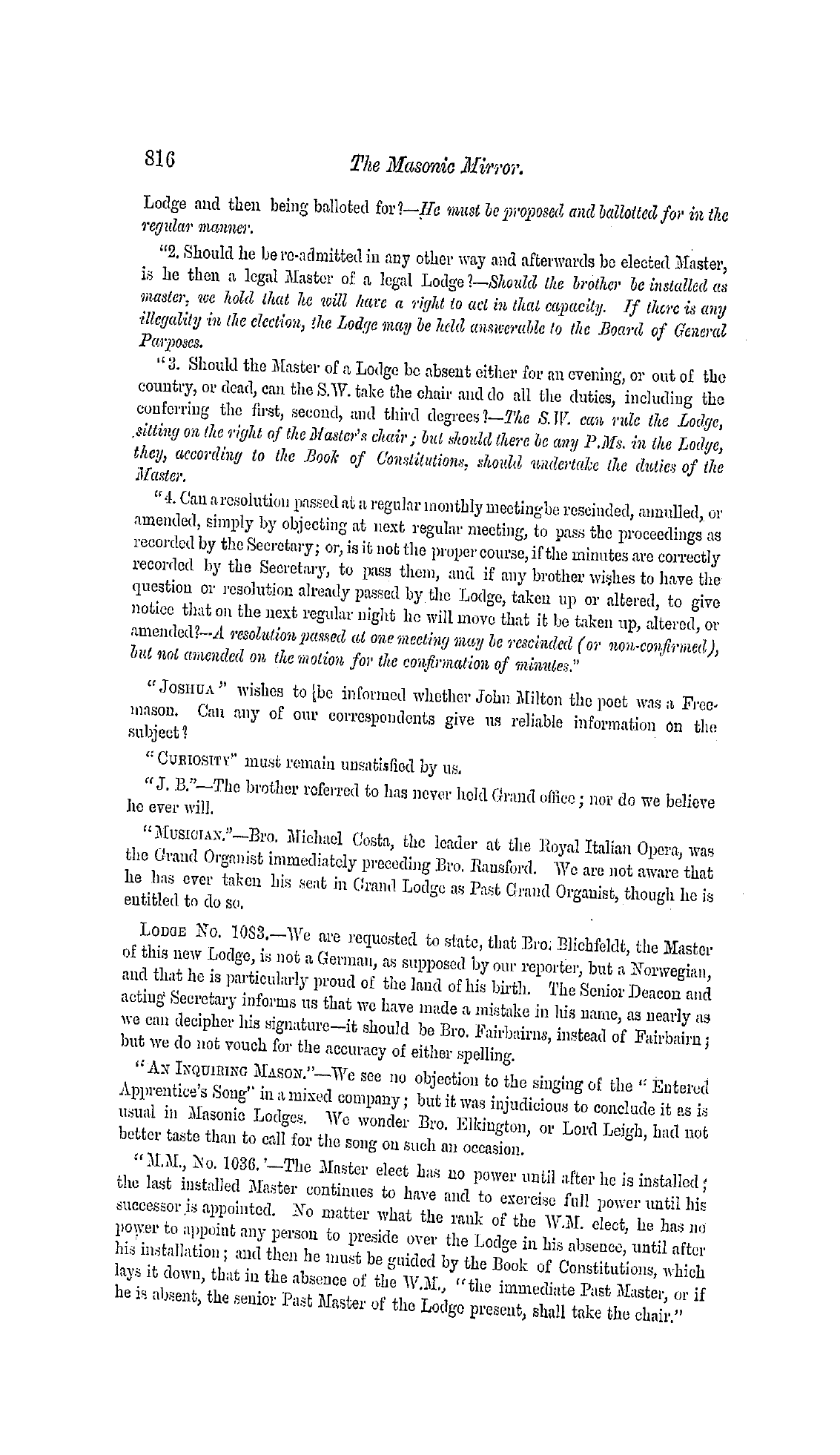 The Freemasons' Monthly Magazine: 1859-04-27 - To Correspondents.