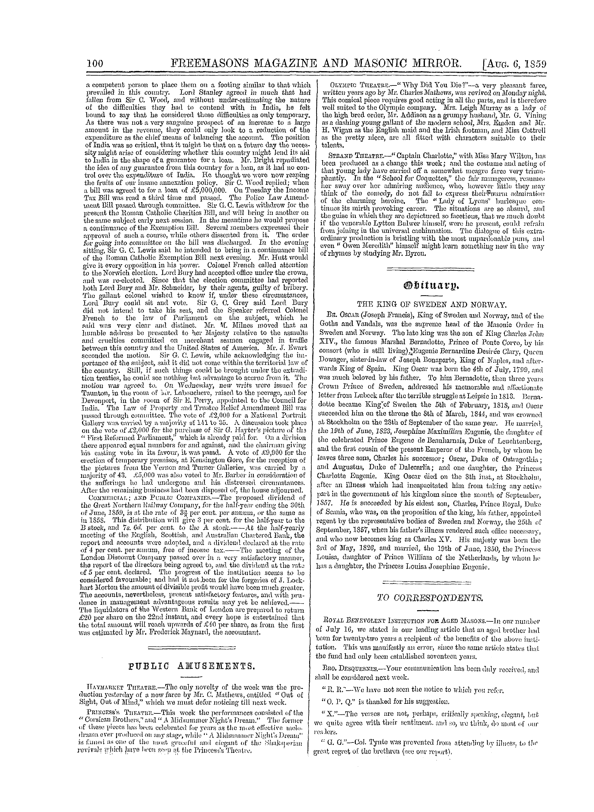 The Freemasons' Monthly Magazine: 1859-08-06 - The Week.