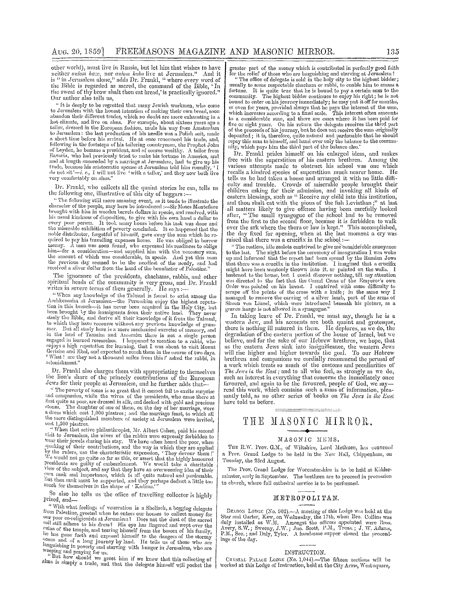The Freemasons' Monthly Magazine: 1859-08-20 - The Masonic Mirror.