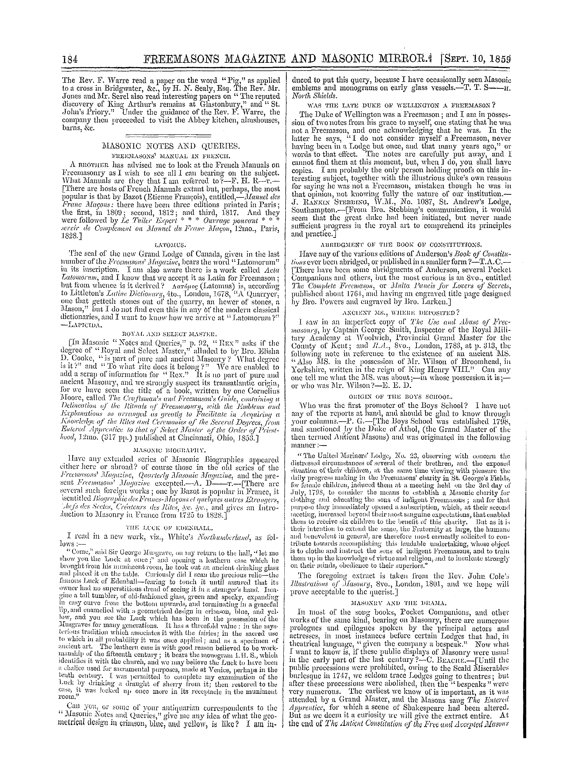 The Freemasons' Monthly Magazine: 1859-09-10 - Masonic Notes And Queries.