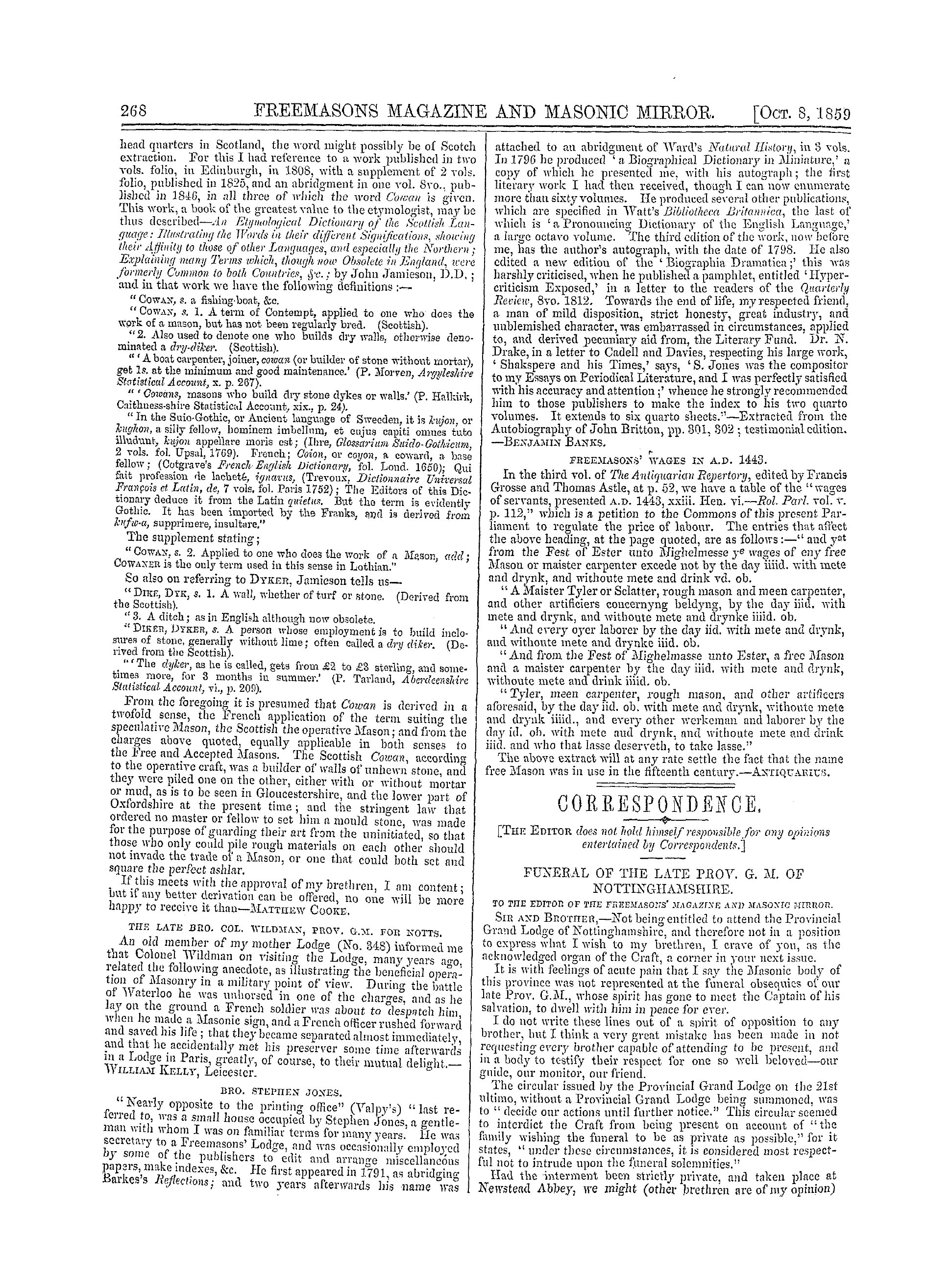 The Freemasons' Monthly Magazine: 1859-10-08 - Correspondence.