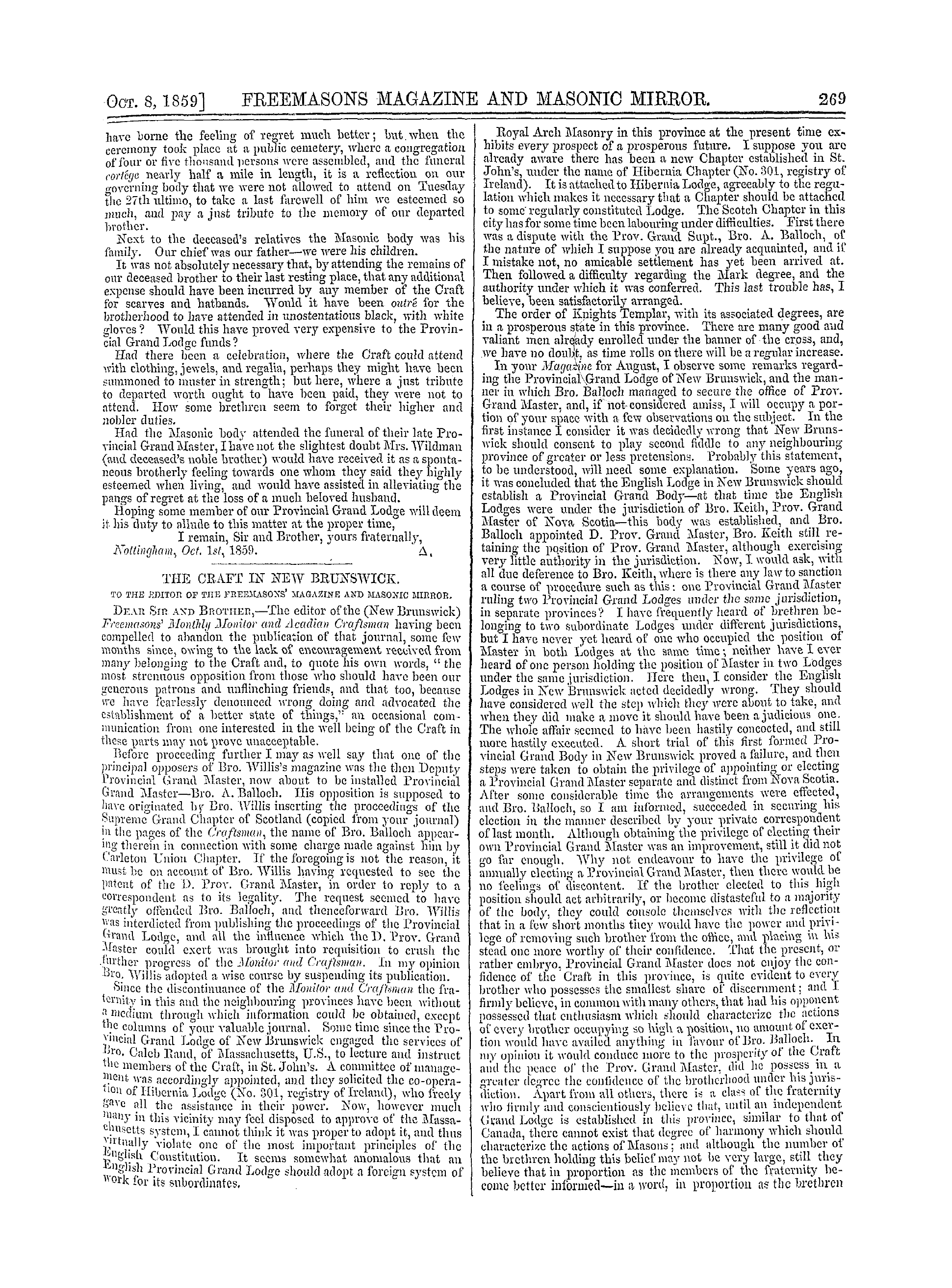 The Freemasons' Monthly Magazine: 1859-10-08 - The Craft In New Brunswick.