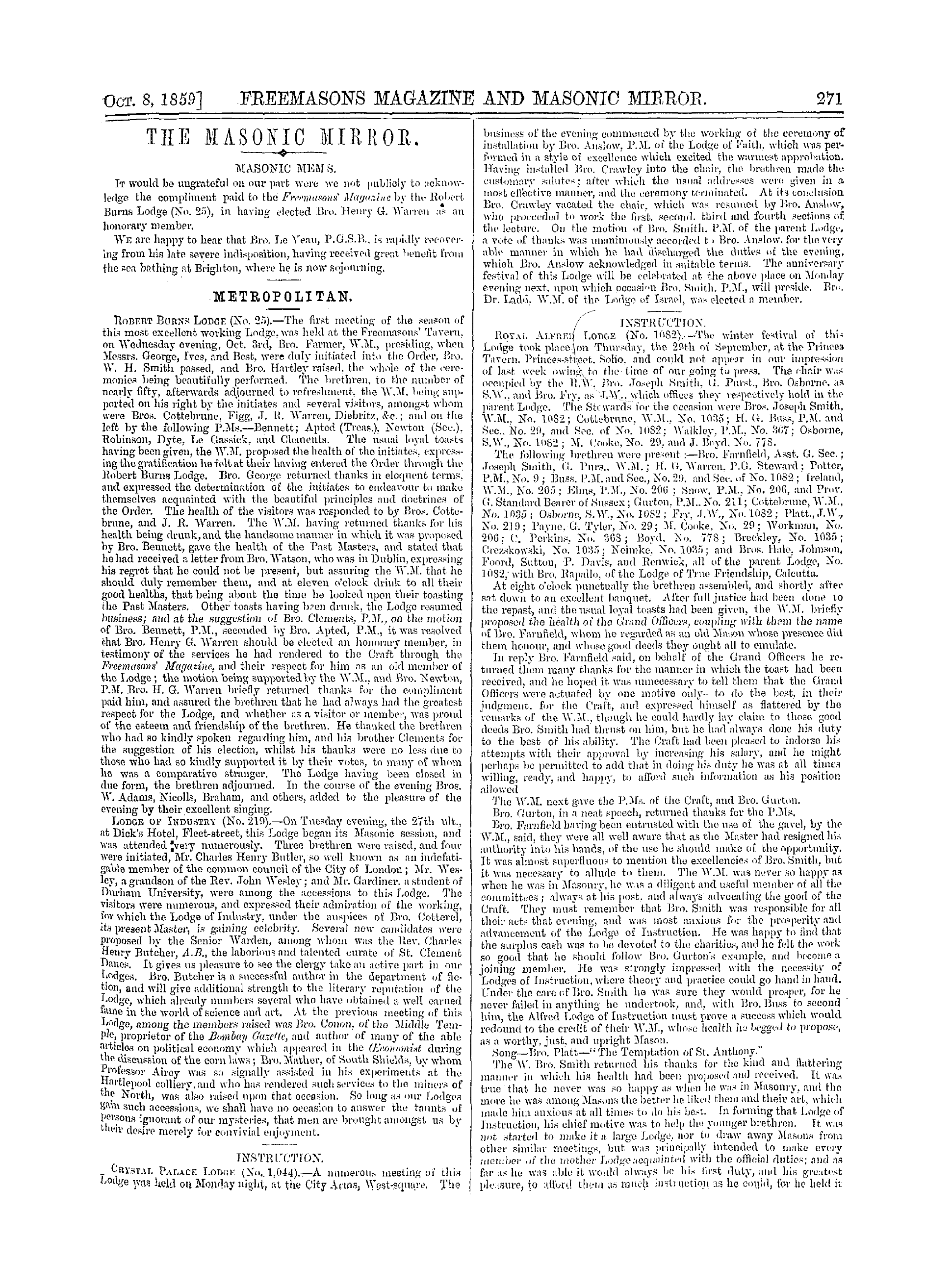 The Freemasons' Monthly Magazine: 1859-10-08 - Metropolitan.