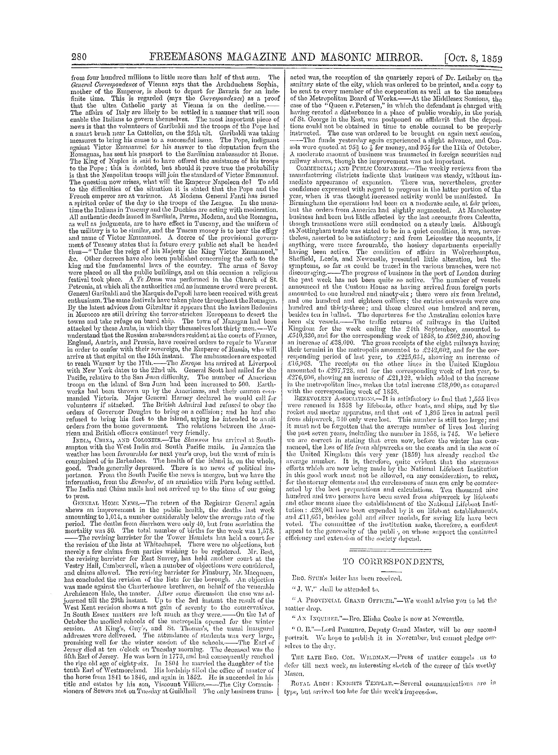 The Freemasons' Monthly Magazine: 1859-10-08 - To Correspondents.