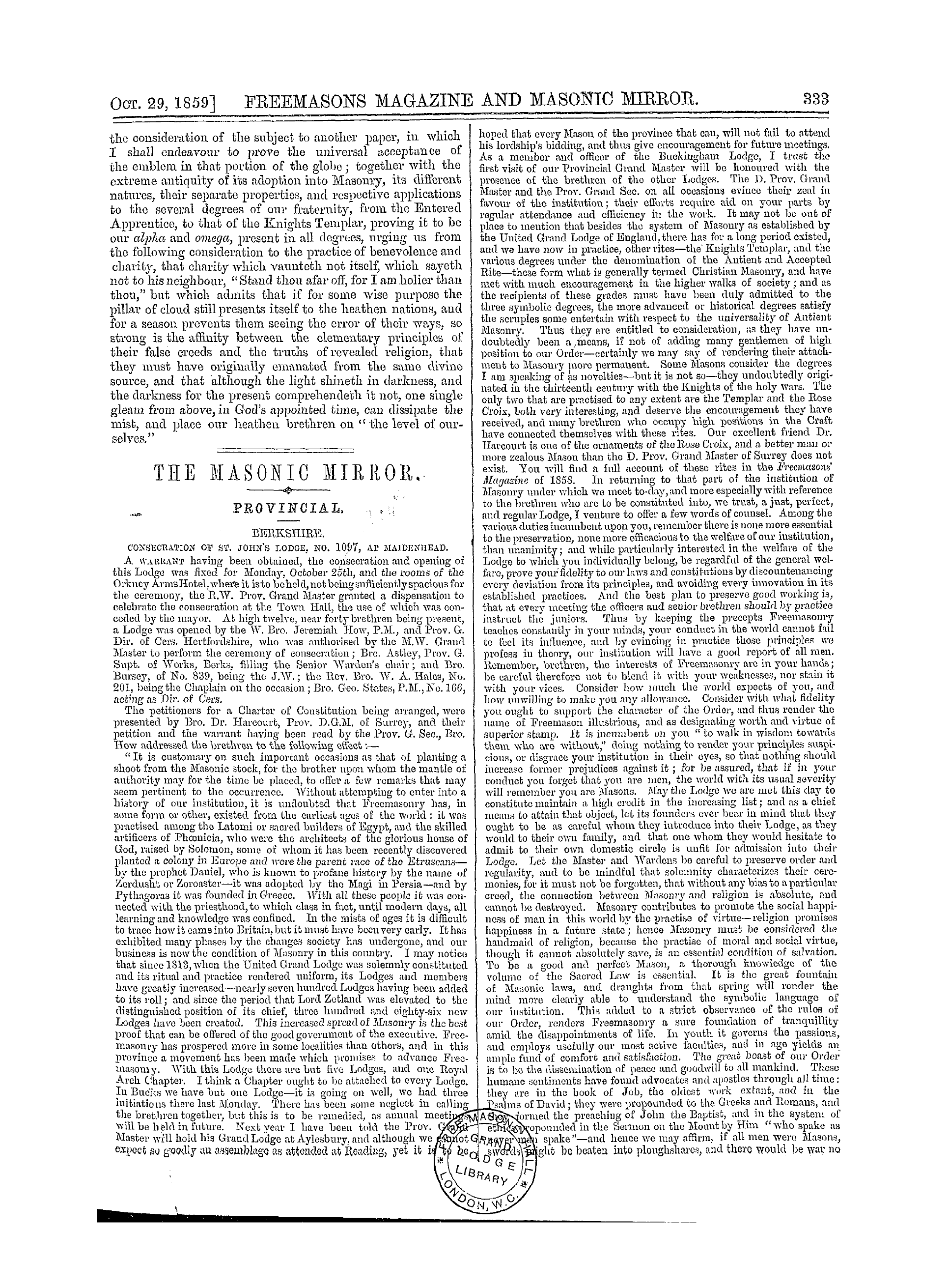 The Freemasons' Monthly Magazine: 1859-10-29 - Correspondence.