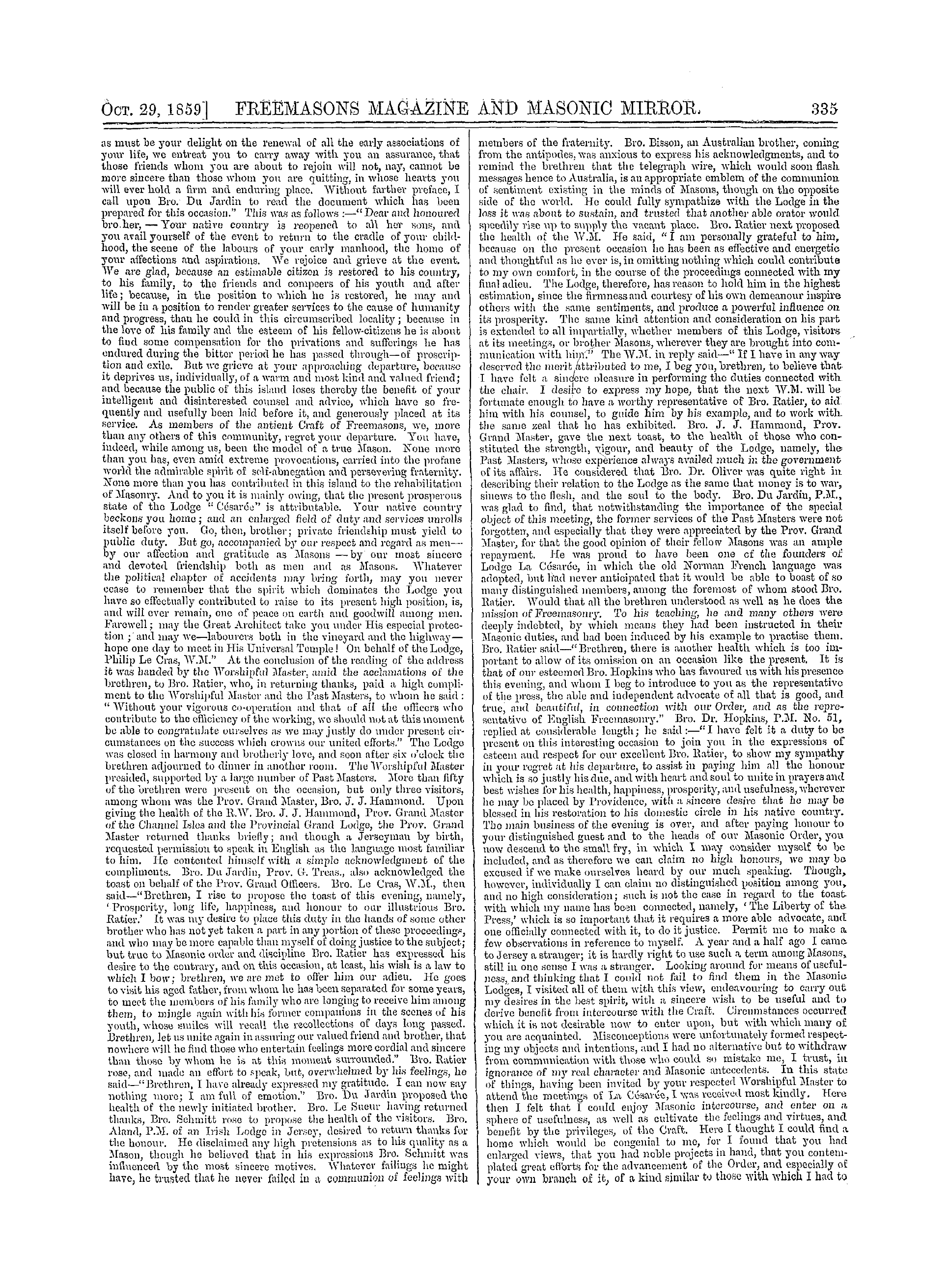 The Freemasons' Monthly Magazine: 1859-10-29 - The Masonic Mirror.