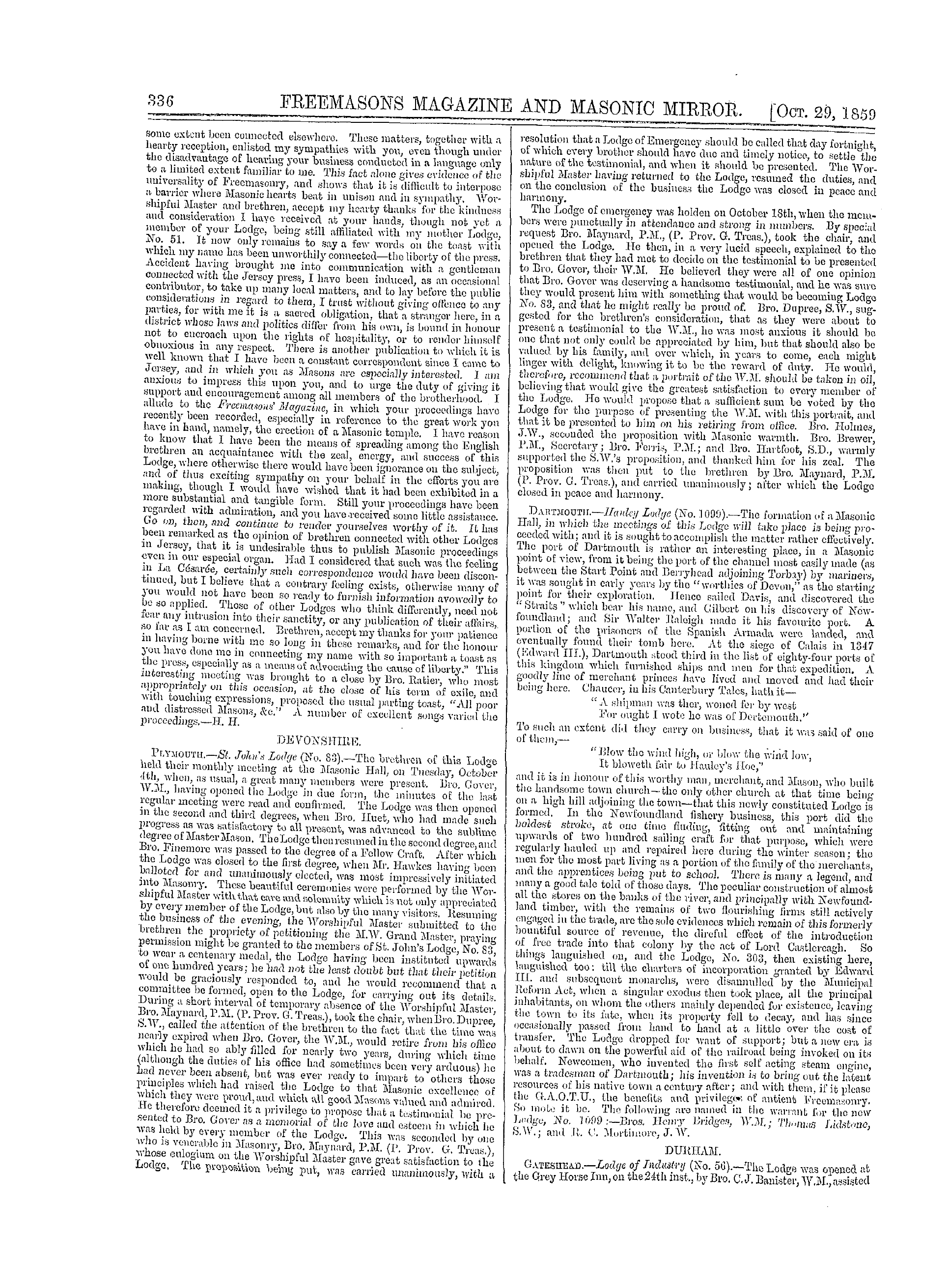 The Freemasons' Monthly Magazine: 1859-10-29 - The Masonic Mirror.