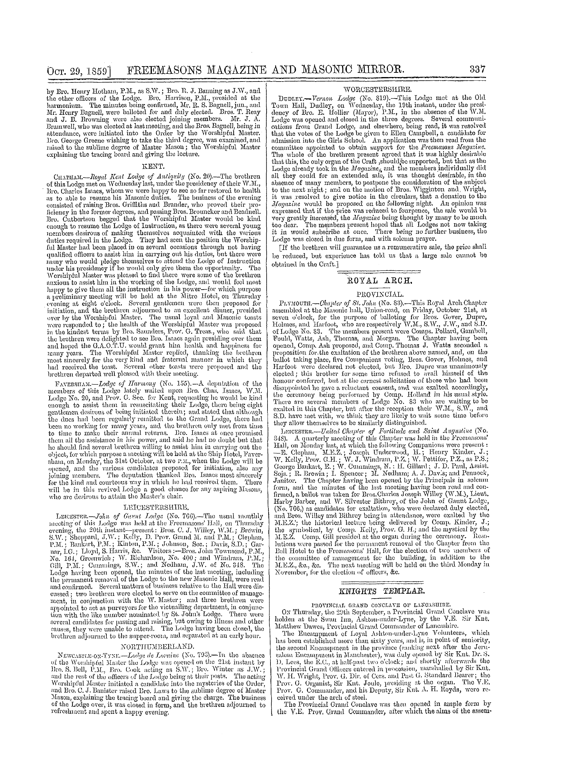 The Freemasons' Monthly Magazine: 1859-10-29 - The Masonic Mirror.