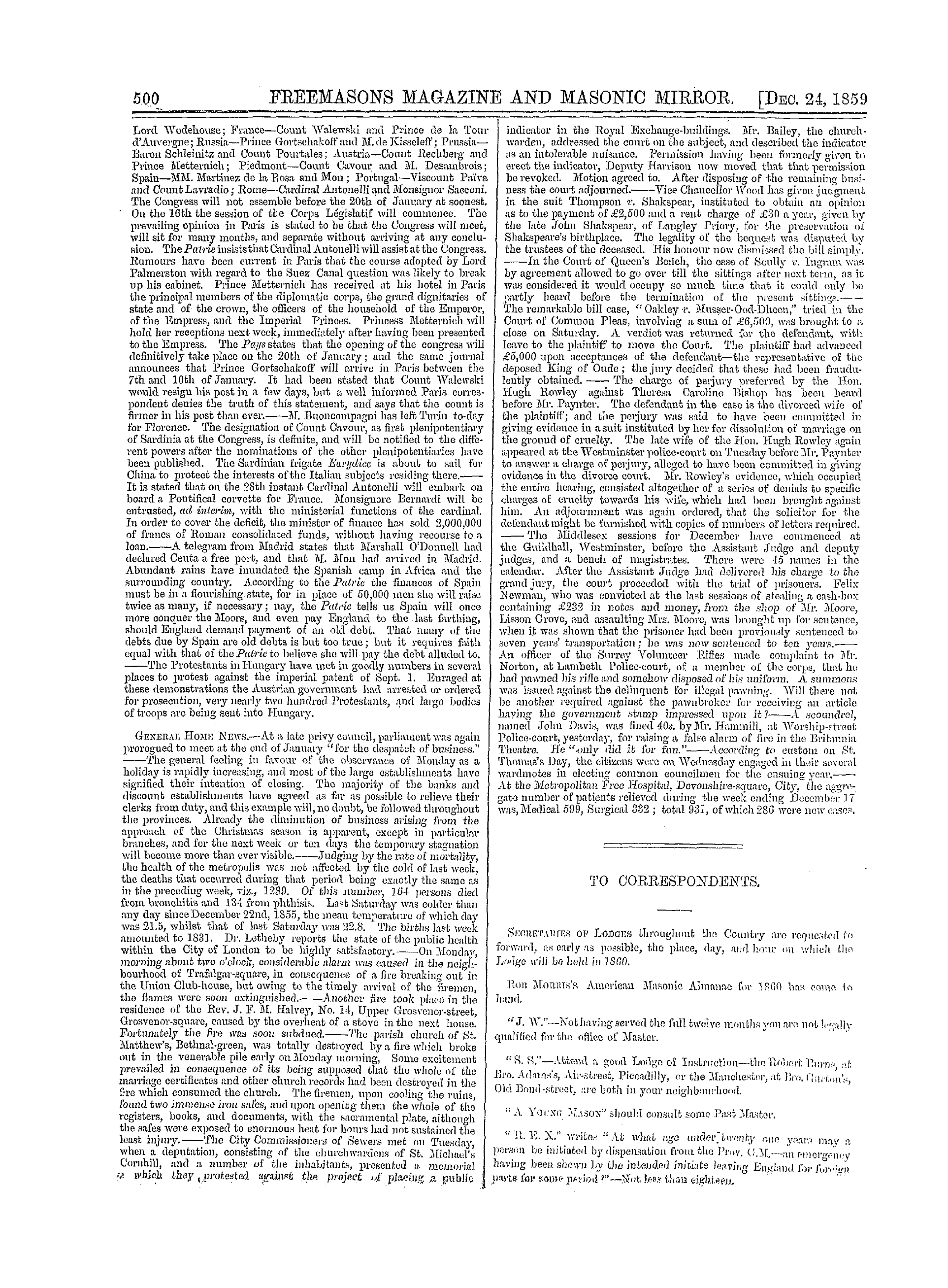 The Freemasons' Monthly Magazine: 1859-12-24 - The Week.