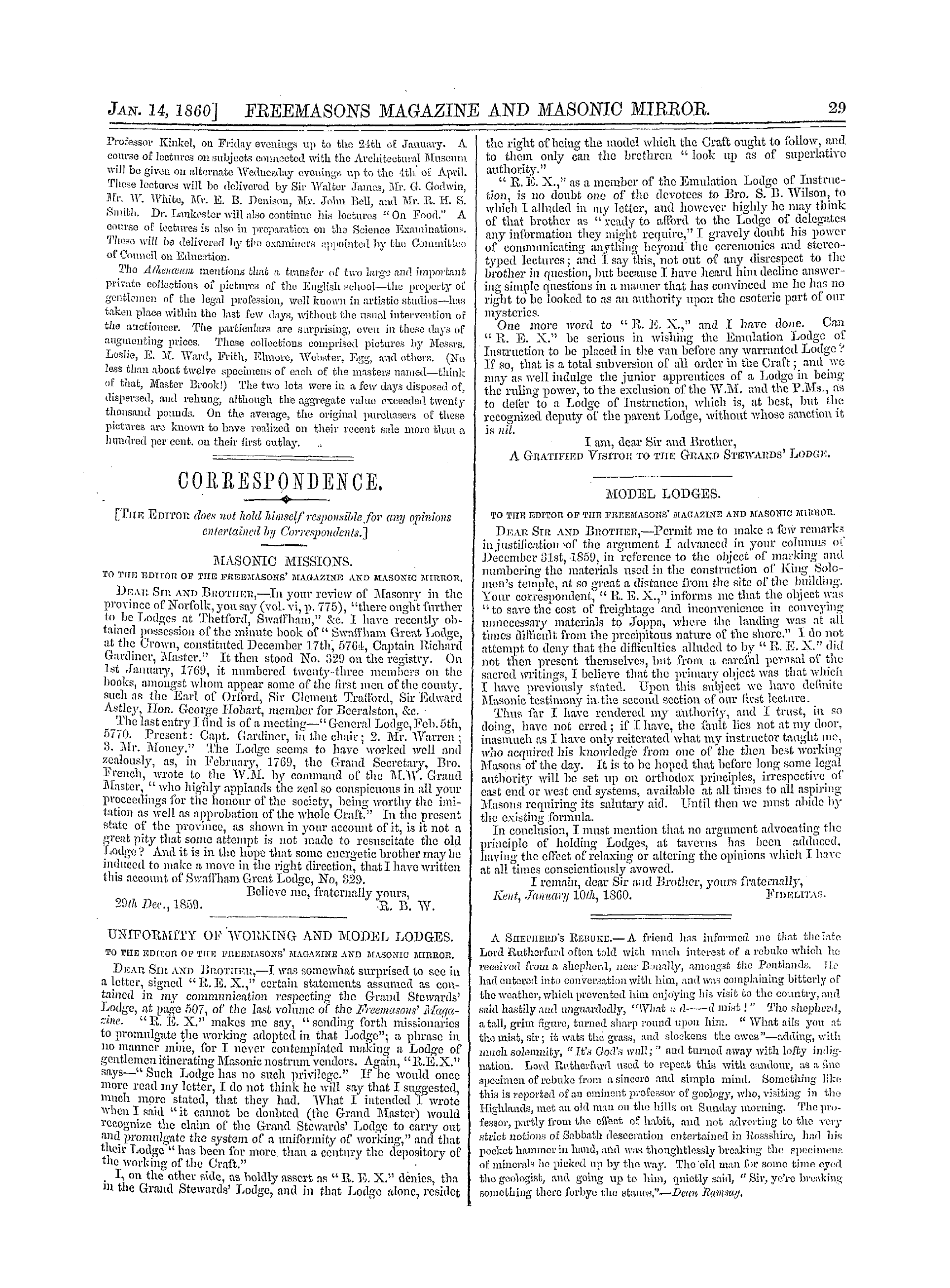 The Freemasons' Monthly Magazine: 1860-01-14 - Uniformity Of Working And Model Lodges.