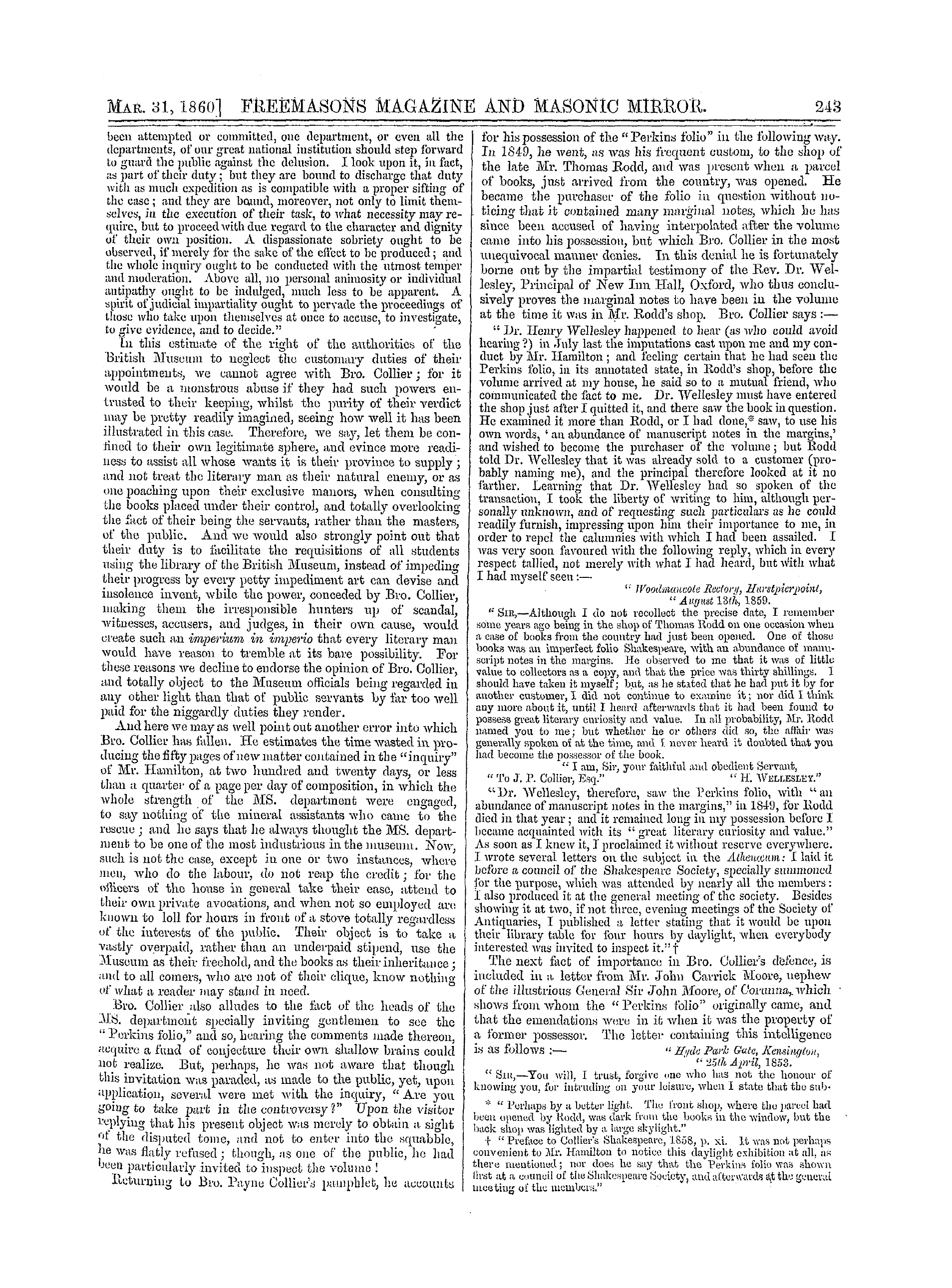 The Freemasons' Monthly Magazine: 1860-03-31 - The British Musrum Slander And Bro. John Payne Collier.*